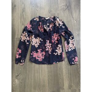 Rebecca Taylor Floral Silk Blouse 2 Navy‎ Pink Smocked Neck Button Front